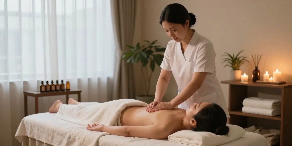 Soothing 양천구출장마사지 therapy scene in a tranquil spa setting with warm light and natural elements.