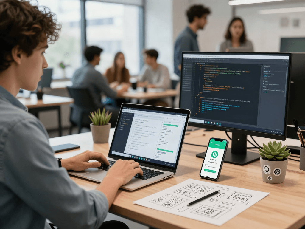 Creative software development process with gb whatsapp functionality showcased in an innovative workspace.