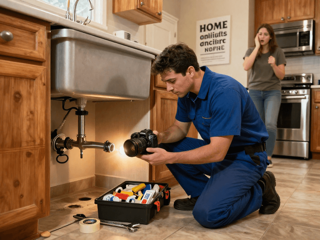 Leak repair Fort Worth service with a plumber fixing a leak under a kitchen sink during a home visit