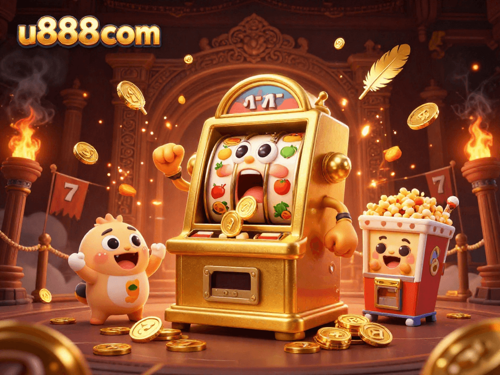 Win big with u888com's vibrant 3D slot machine scene showcasing jackpots and excitement.