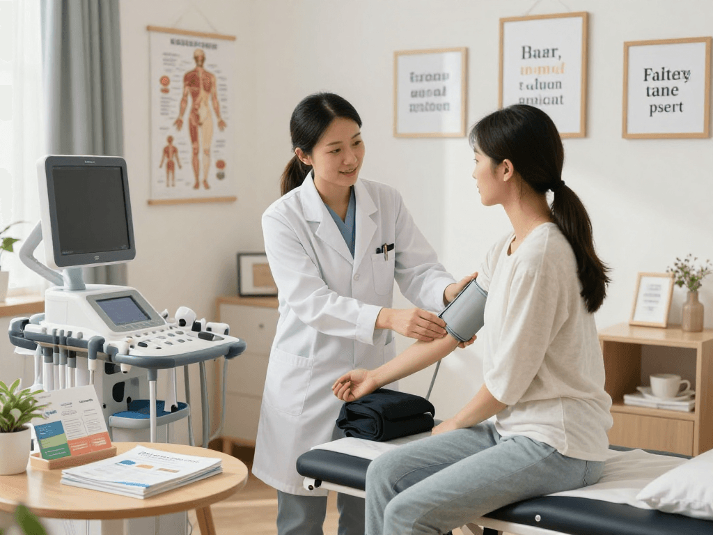 Full body checkup Abu Dhabi in a modern health center, showcasing patient interaction with a healthcare professional.