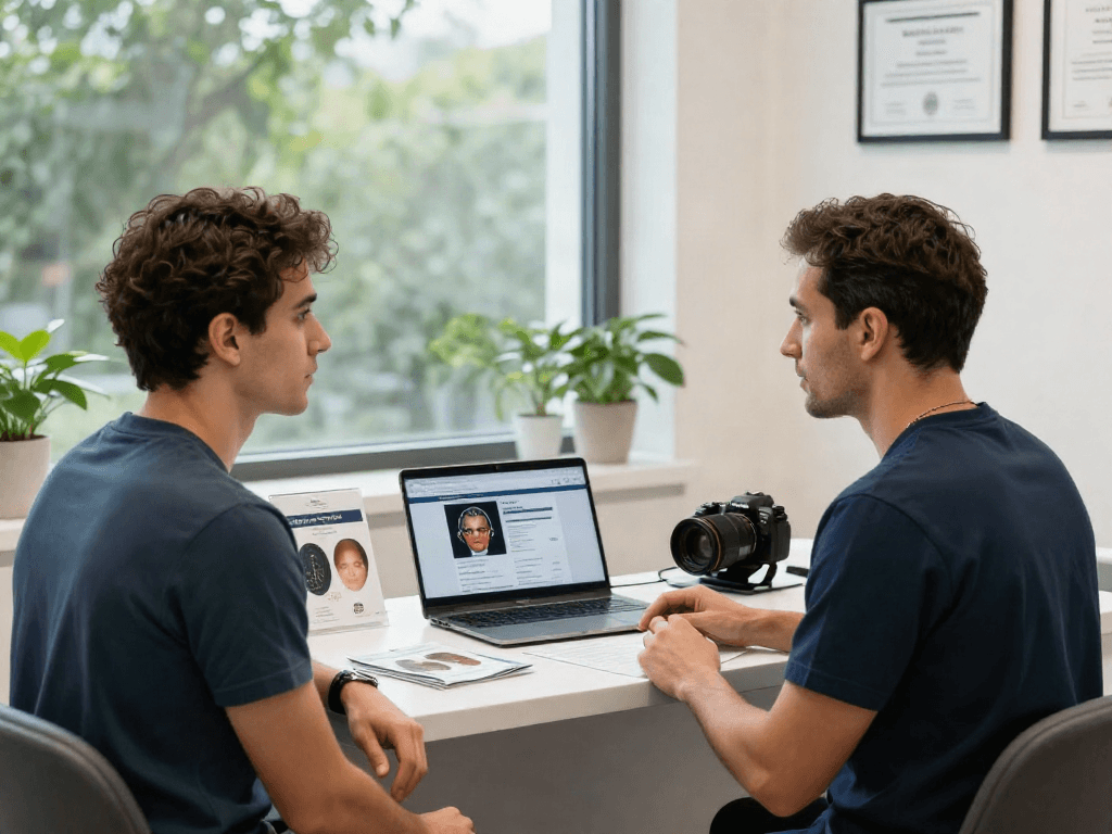 Consultation about hair transplant turkey price in a welcoming clinic setting.