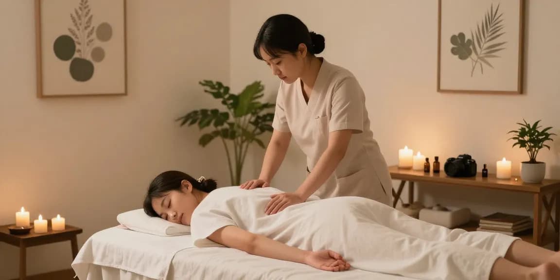 양천구출장마사지 treatment in a serene wellness studio with calming decor and essential oils.