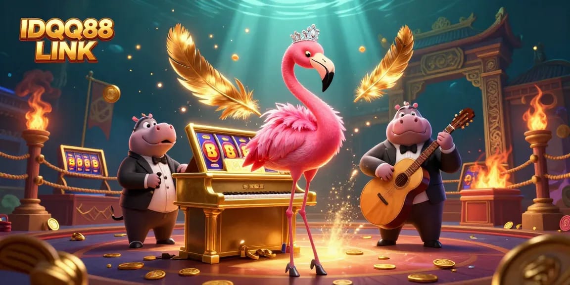 Experience the thrill of IDQQ88 LINK with a vibrant 3D casino scene featuring engaging characters and slot elements.
