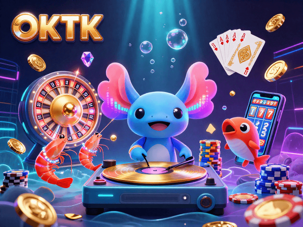 Experience the vibrant energy of OKTK with a neon 3D casino illustration featuring an axolotl DJ.