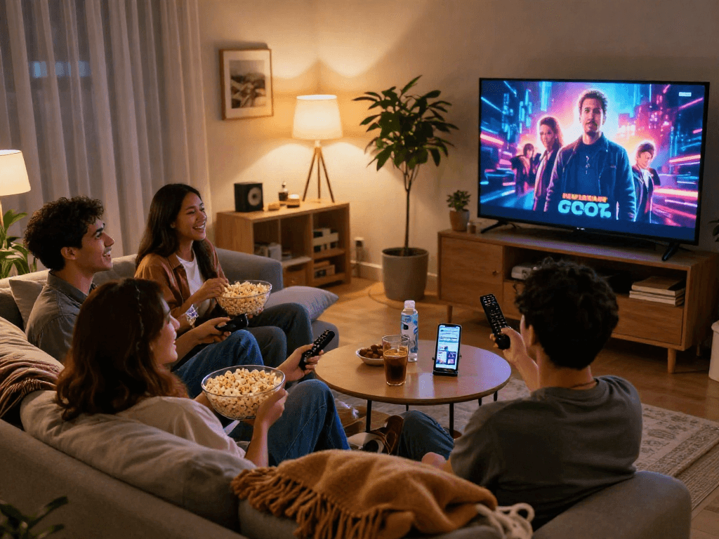 Friends enjoying a movie night with Moviebox in a cozy living room.