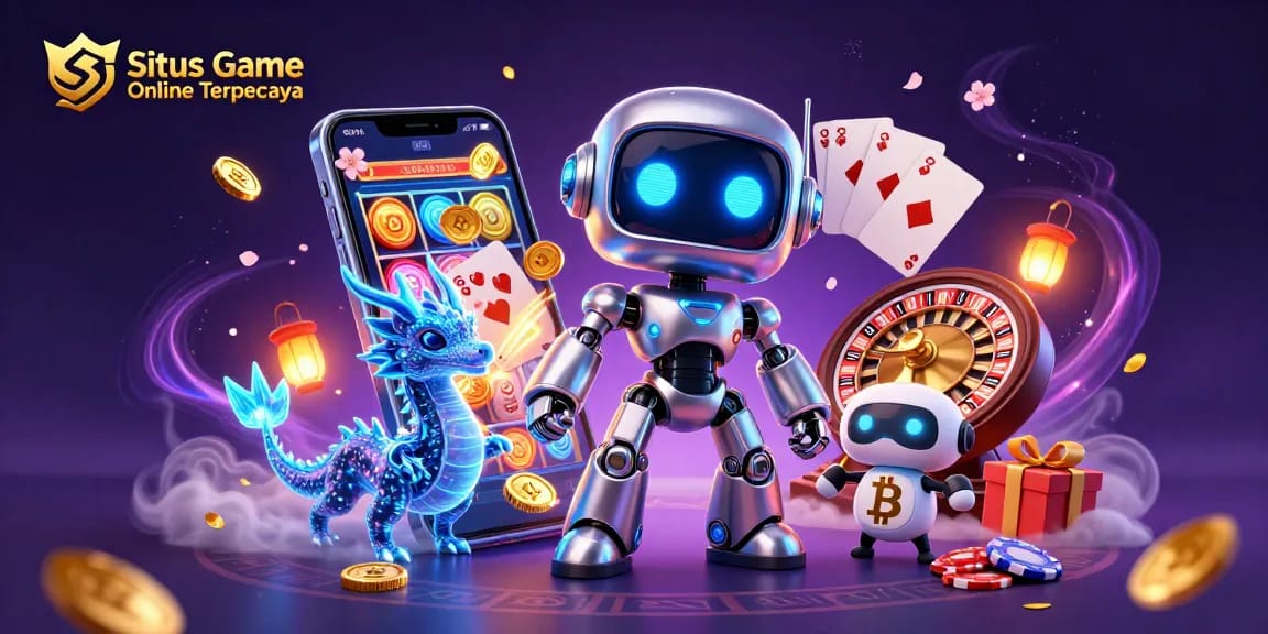Situs Game Online Terpercaya showcases a vibrant 3D illustration with a cyberpunk robot and game elements