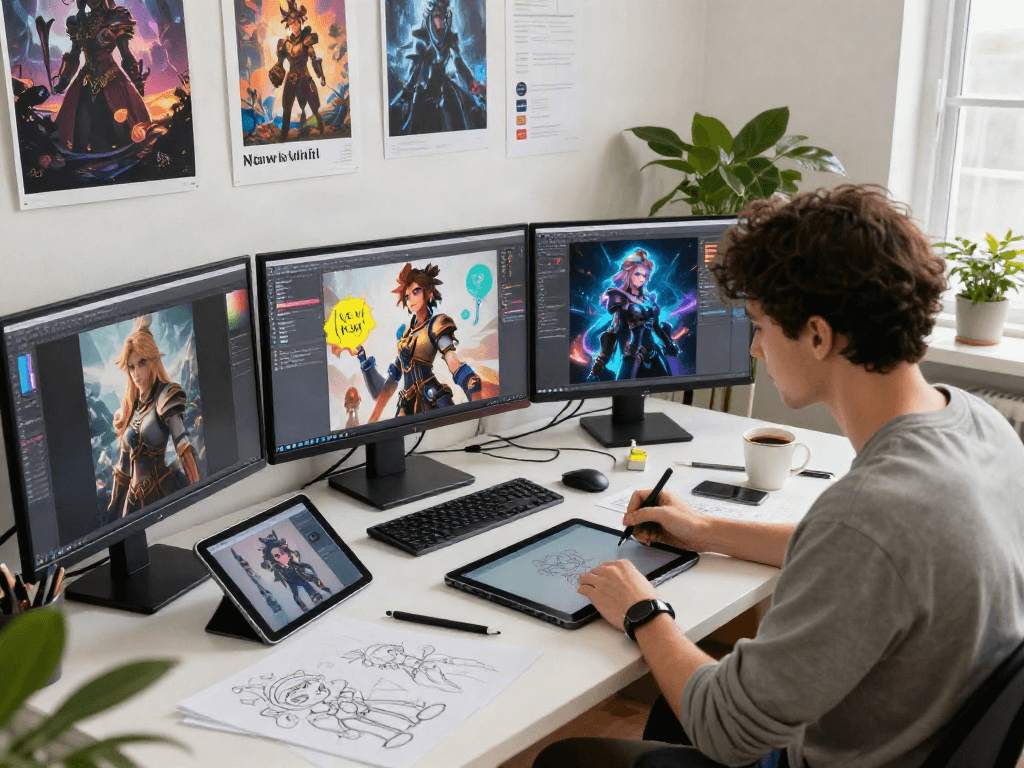Artist designing character ai nsfw prototypes in a bright digital studio.