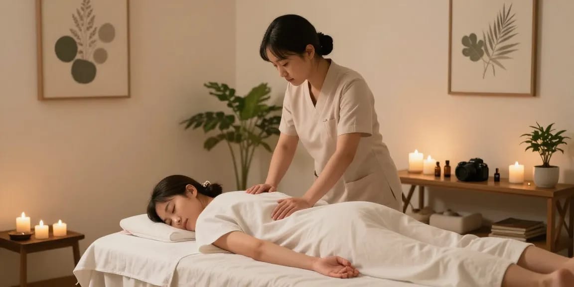 양천구출장마사지 treatment in a serene wellness studio with calming decor and essential oils.