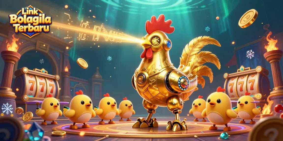 Experience thrilling wins with Link Bolagila Terbaru as a golden rooster robot leads baby chick drones in an exciting 3D gambling scene.