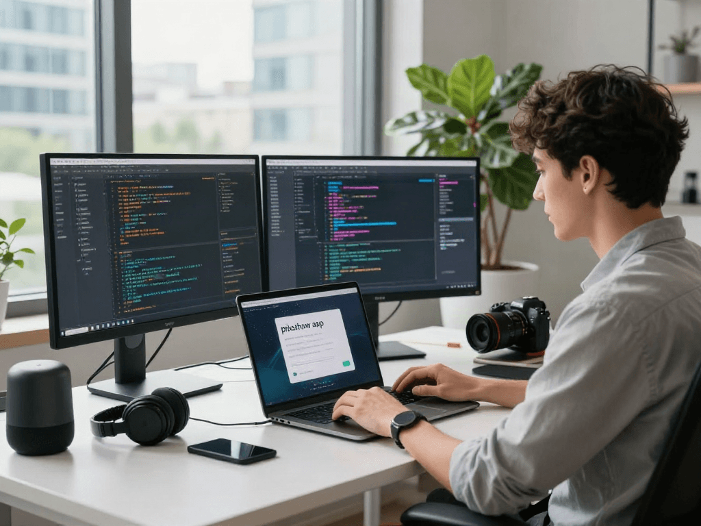 Engaged developer using pikashow apk on laptop in a modern workspace.