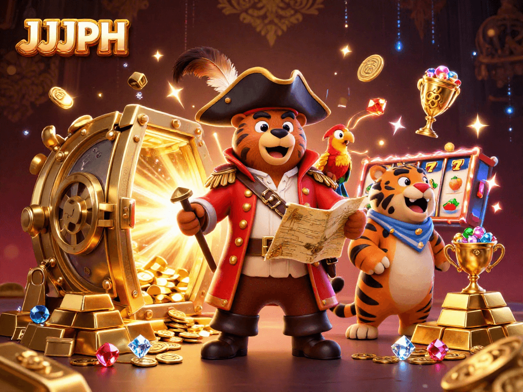 Experience exciting jackpots and treasures at JJJPH with a 3D pirate-themed casino illustration packed with gems and riches.