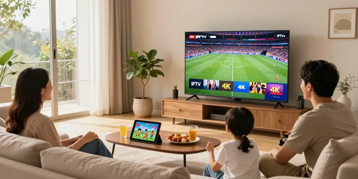 Gezin geniet van IPTV abonnementen met 4K kwaliteit in een moderne woonkamer.