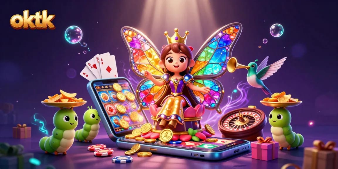 Engage in colorful slot games with oktk's vibrant butterfly queen and gold coins.