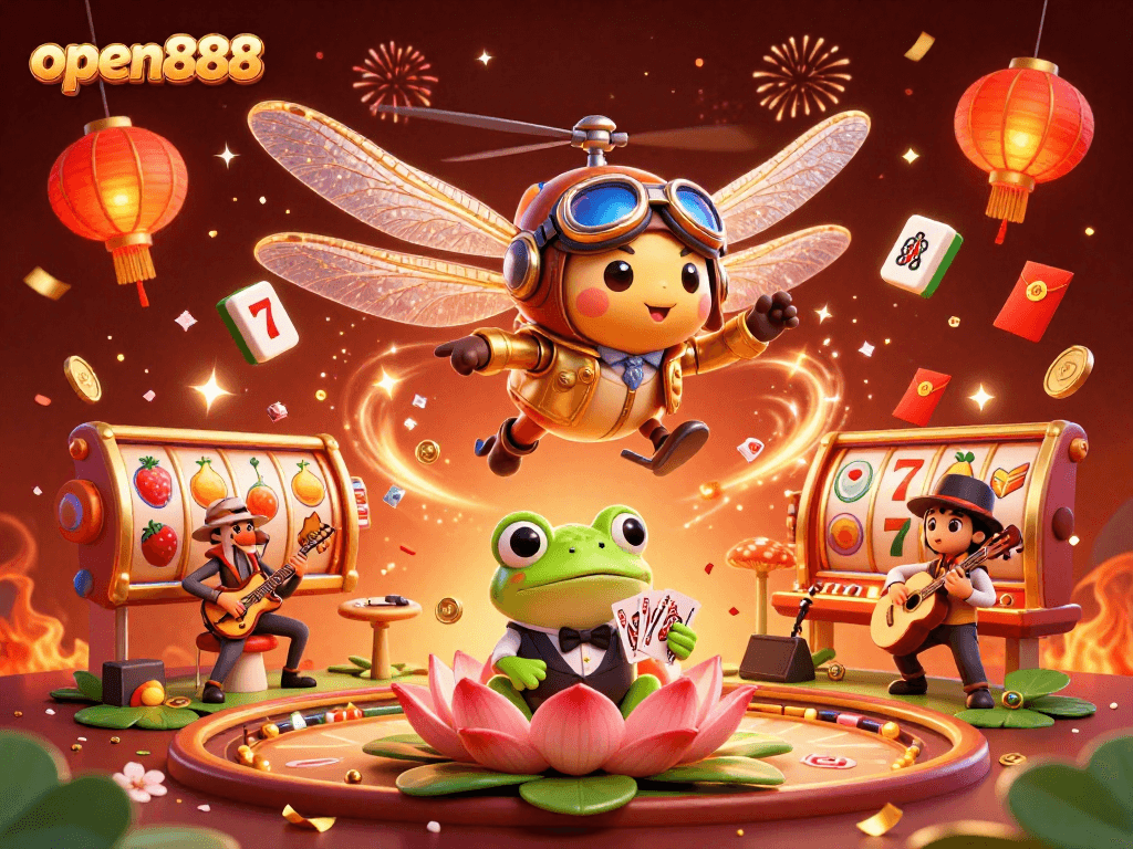 Engage with open888's vibrant casino scene featuring dynamic character interactions and festive elements.