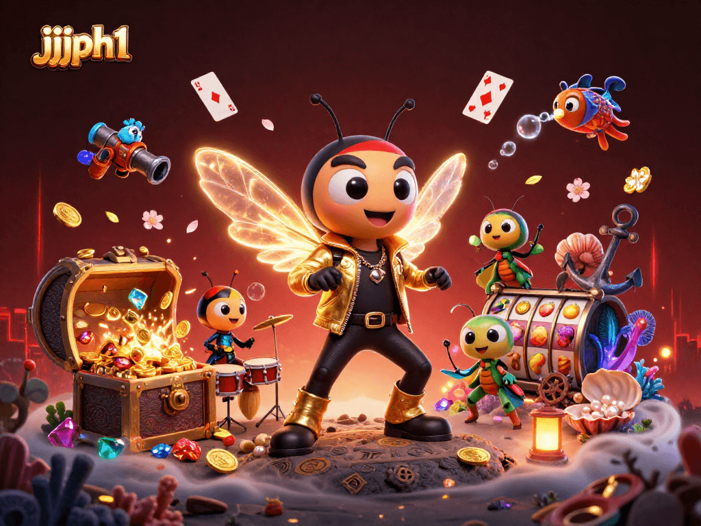 Immerse in the vibrant jjjph1 scene filled with a cicada rock star and animated gaming elements.