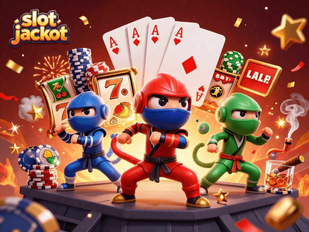 Slot jackpot yang menonjol dengan karakter chameleon ninja beraksi dan elemen permainan yang dinamis.