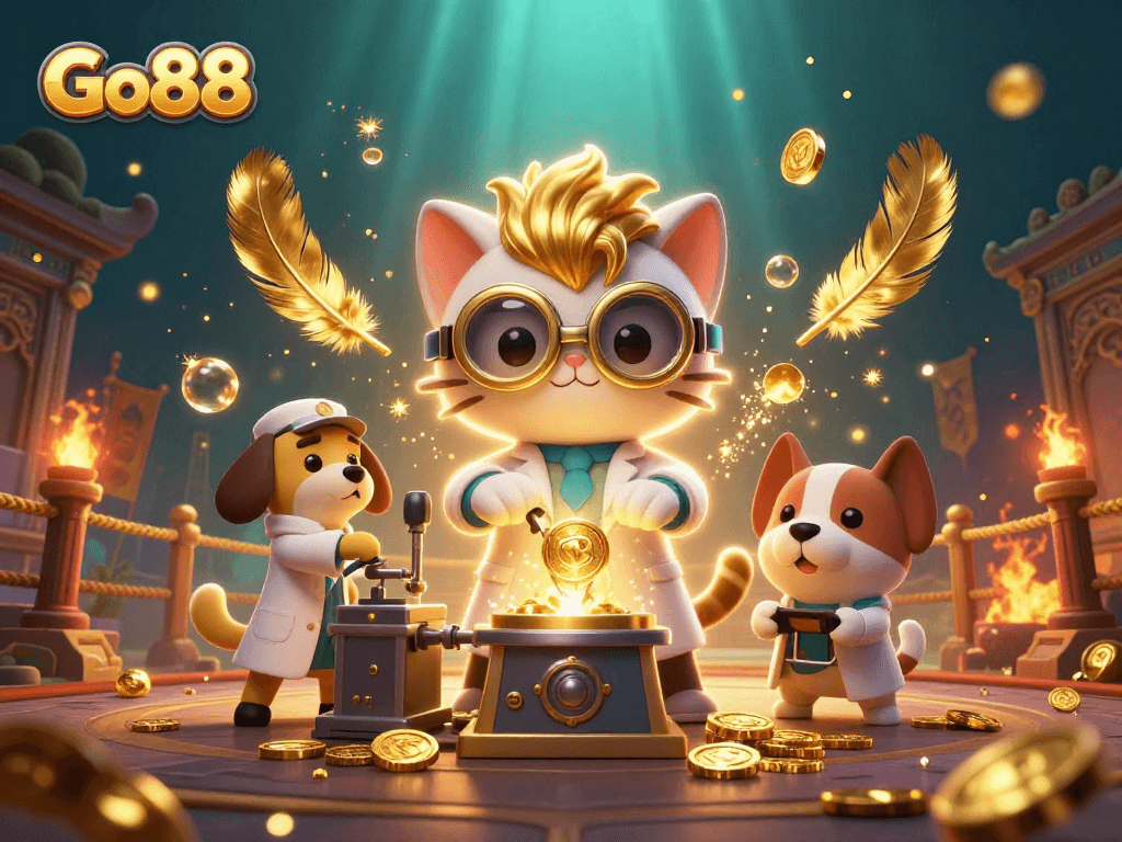 Experience the thrill of Go88 with an animated scene featuring a mad scientist cat creating coins amidst a rich casino setting.