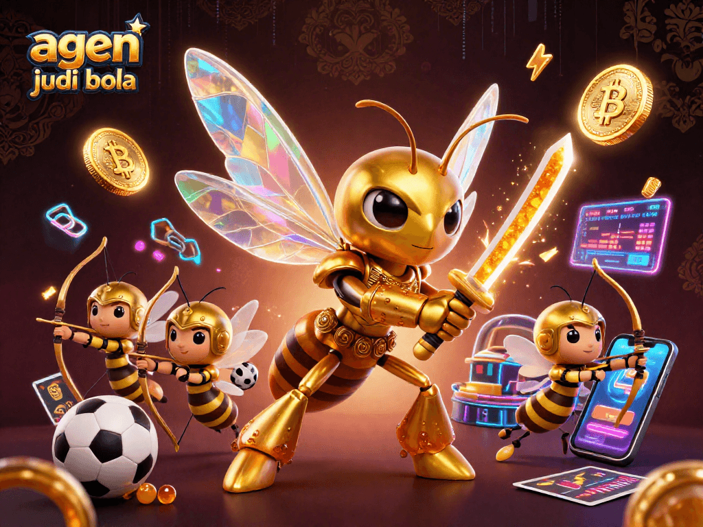 Experience engaging betting with agen judi bola amidst vibrant stadium elements and digital currency icons.