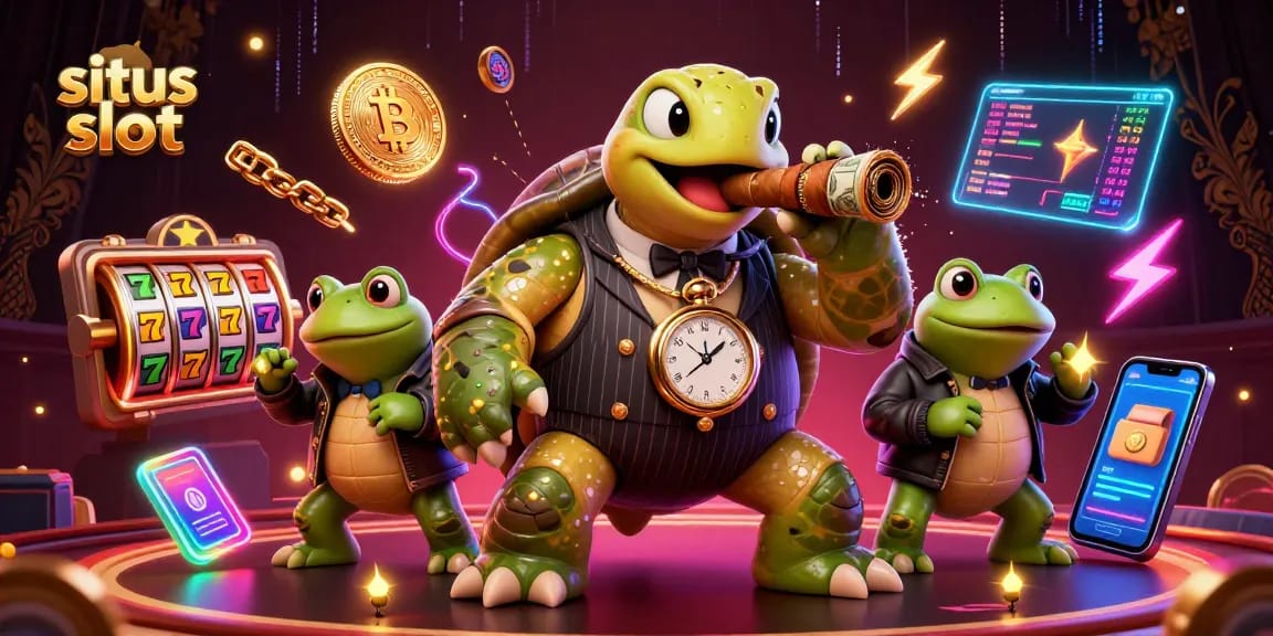 Taruhan di situs slot dengan kura-kura pemimpin dan pemandangan kasino berwarna-warni.