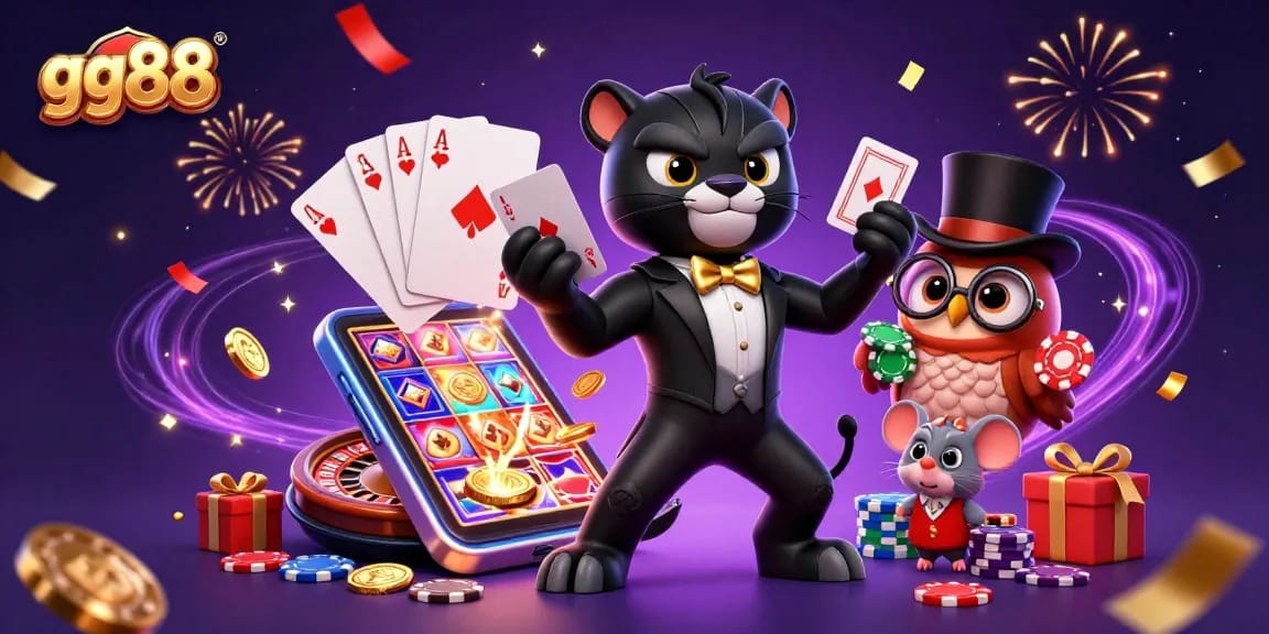 Engage with exciting poker action at gg88, featuring stylish characters amidst festive casino elements.