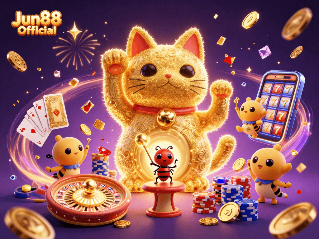 Experience the thrill with Jun88 Official's impressive casino gaming scene featuring a lucky cat and fireflies.