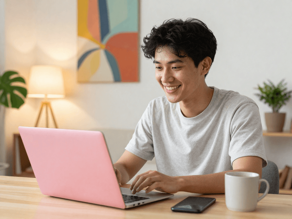 Engaging in a pink live chat in a cozy home setting, showcasing real-time communication and connection.