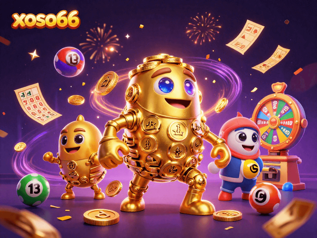 xoso66 offers a vibrant scene of lottery excitement with dynamic numbered balls and a golden golem.