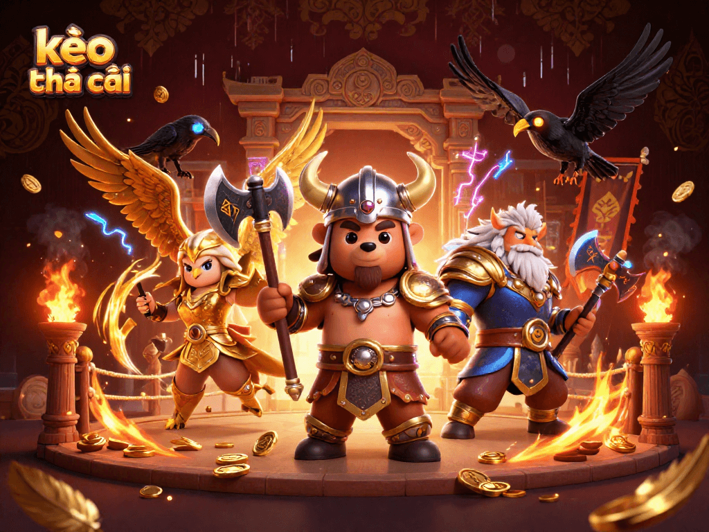 Experience the thrill of kèo nhà cái with Viking and Valkyrie characters in a dynamic casino scene