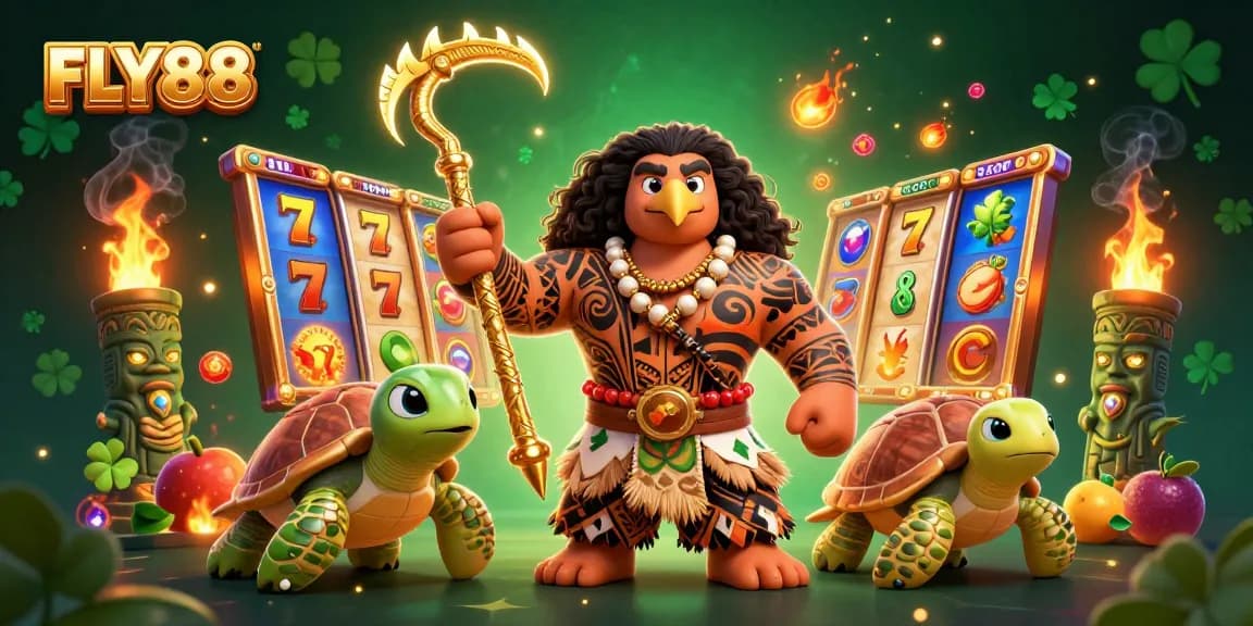Spin and win at FLY88 with a thrilling 3D illustration of a demigod and turtle in a vibrant casino.