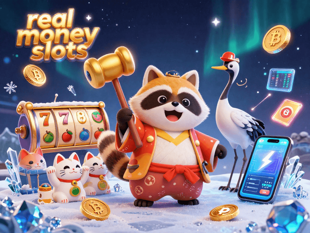 Engage with real money slots in this vibrant 3D casino illustration showcasing lucky symbols.