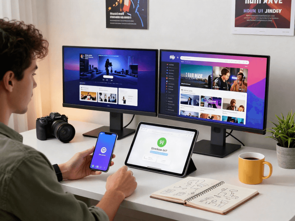 Pikashow APK download process on smartphone and tablet in modern workspace, showcasing vibrant streaming options and innovative entertainment.