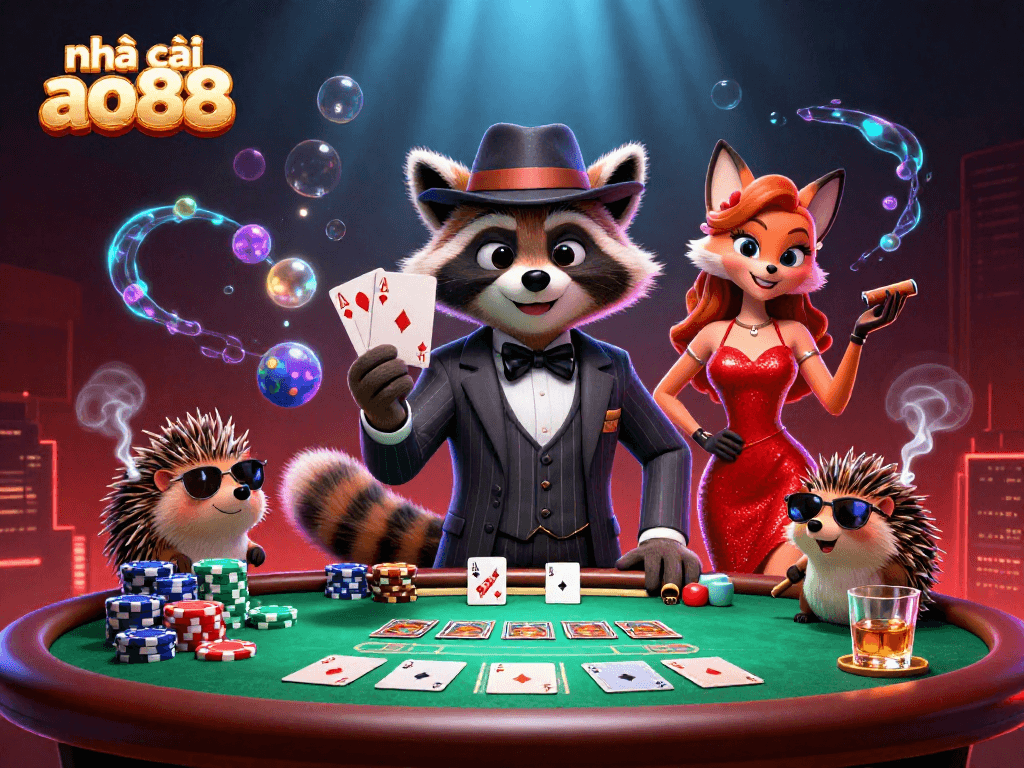 Experience thrilling moments with nhà cái ao88 in this vibrant casino illustration featuring lively characters and dynamic game elements.