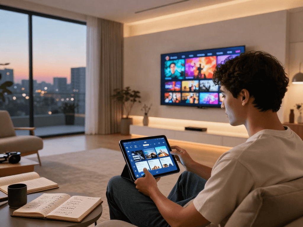 Explore the Moviebox app in a cozy living room setting, showcasing vibrant film selections on a tablet.