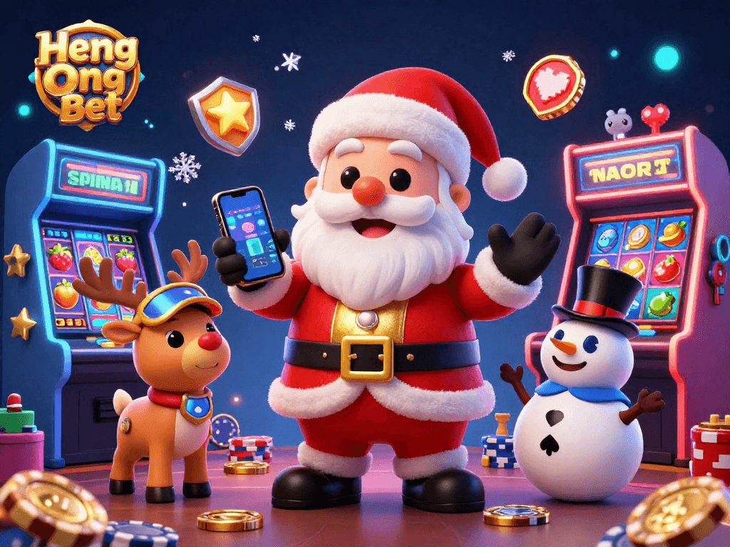 Experience slot excitement with Heng Ong Bet in a vibrant, festive 3D casino scene filled with playful characters and dynamic gaming elements.