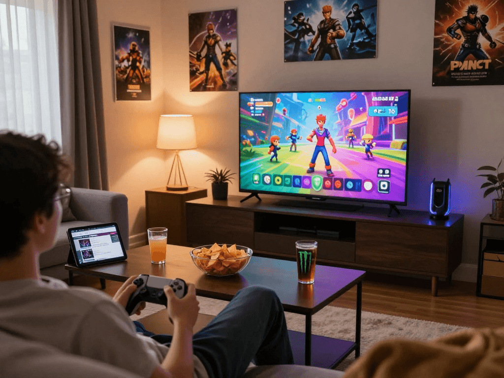 Engaging living room scene featuring a person playing vibrant porn games on a large TV, showcasing a relaxed gaming atmosphere.