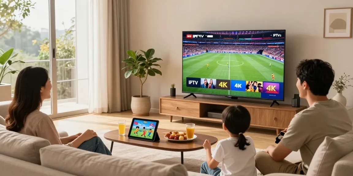 Gezin geniet van IPTV abonnementen met 4K kwaliteit in een moderne woonkamer.
