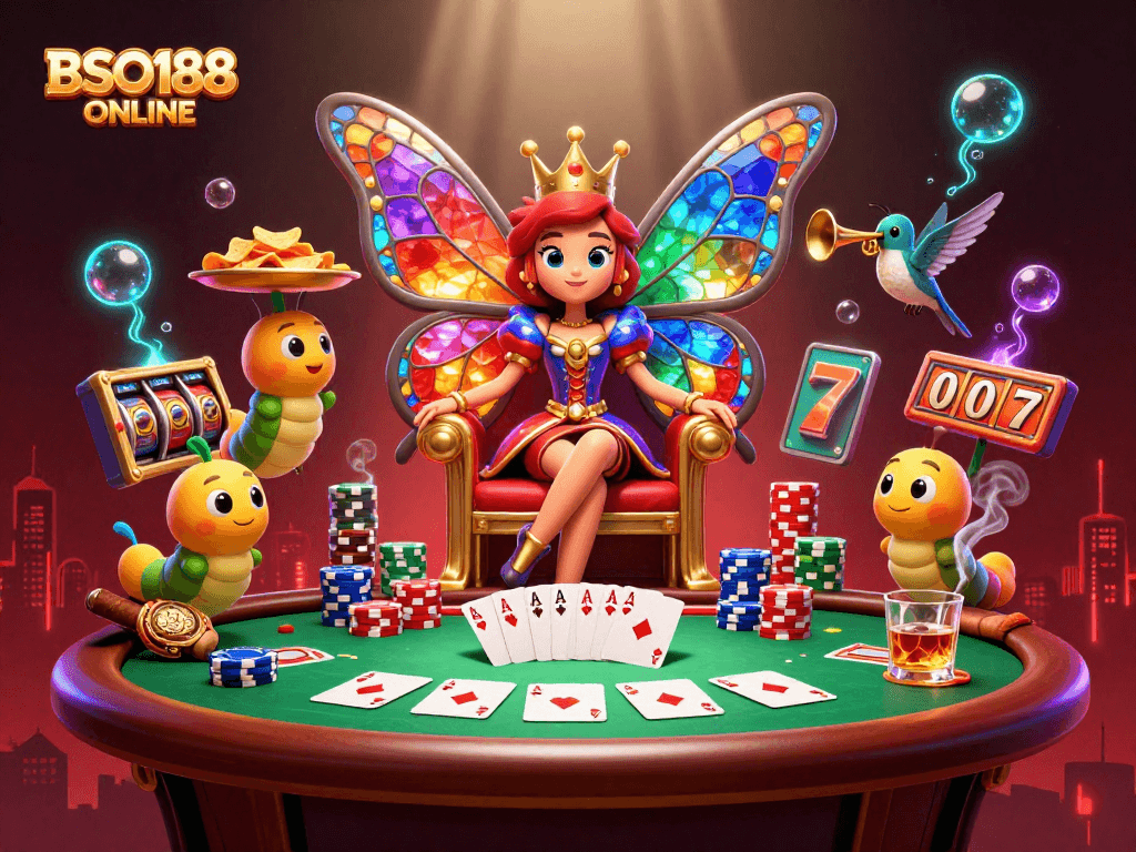 Experience thrilling gameplay with BSO188 ONLINE, featuring a vibrant casino scene with cards and chips.
