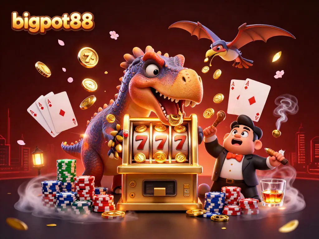 bigpot88 menarik jackpot dengan dinosaurus dan mesin slot, suasana kasino yang dinamis