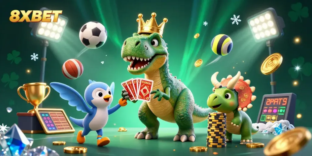 Engage with thrilling games at 8XBET, featuring exciting sports betting and vibrant casino visuals.