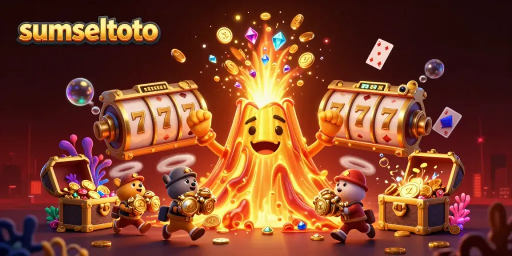Experience the thrilling world of gambling with sumseltoto, featuring a vibrant scene of a golden volcano and exciting slots.