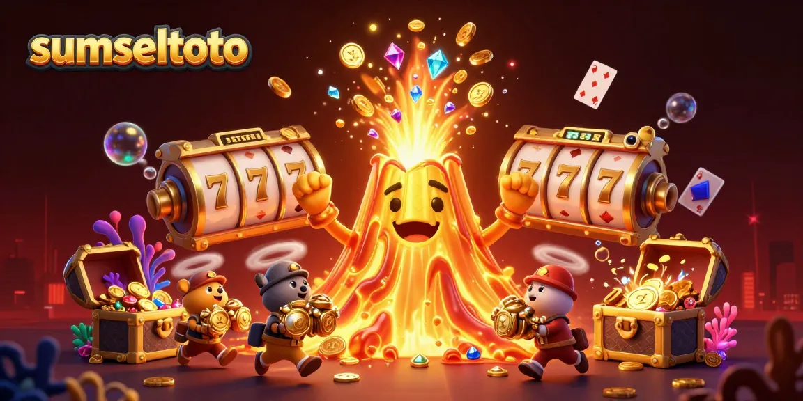 Experience the thrilling world of gambling with sumseltoto, featuring a vibrant scene of a golden volcano and exciting slots.