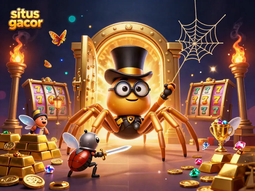 Experience the thrill of situs gacor with a vibrant casino fantasy scene featuring a golden tarantula and beetle knight.