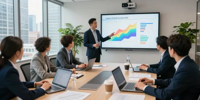 Team analyzing the largest US banks by assets in a modern conference room.
