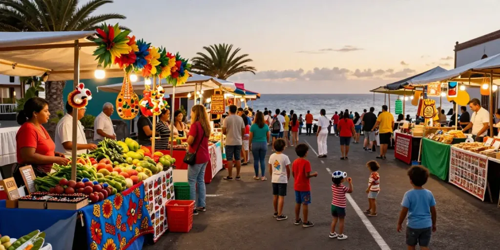Canarian news showcasing vibrant outdoor market with fresh produce, festive activities, and families enjoying local culture.