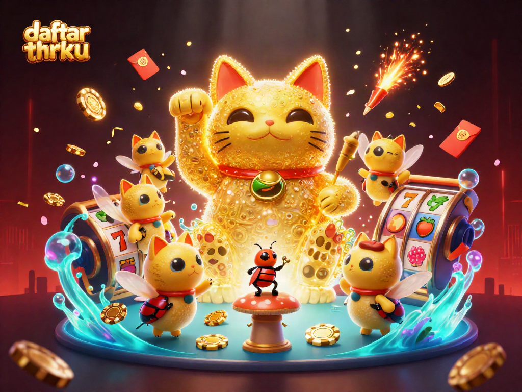 Experience 'daftar thrku' with a dynamic lucky cat and casino symbols in a vibrant casino illustration.