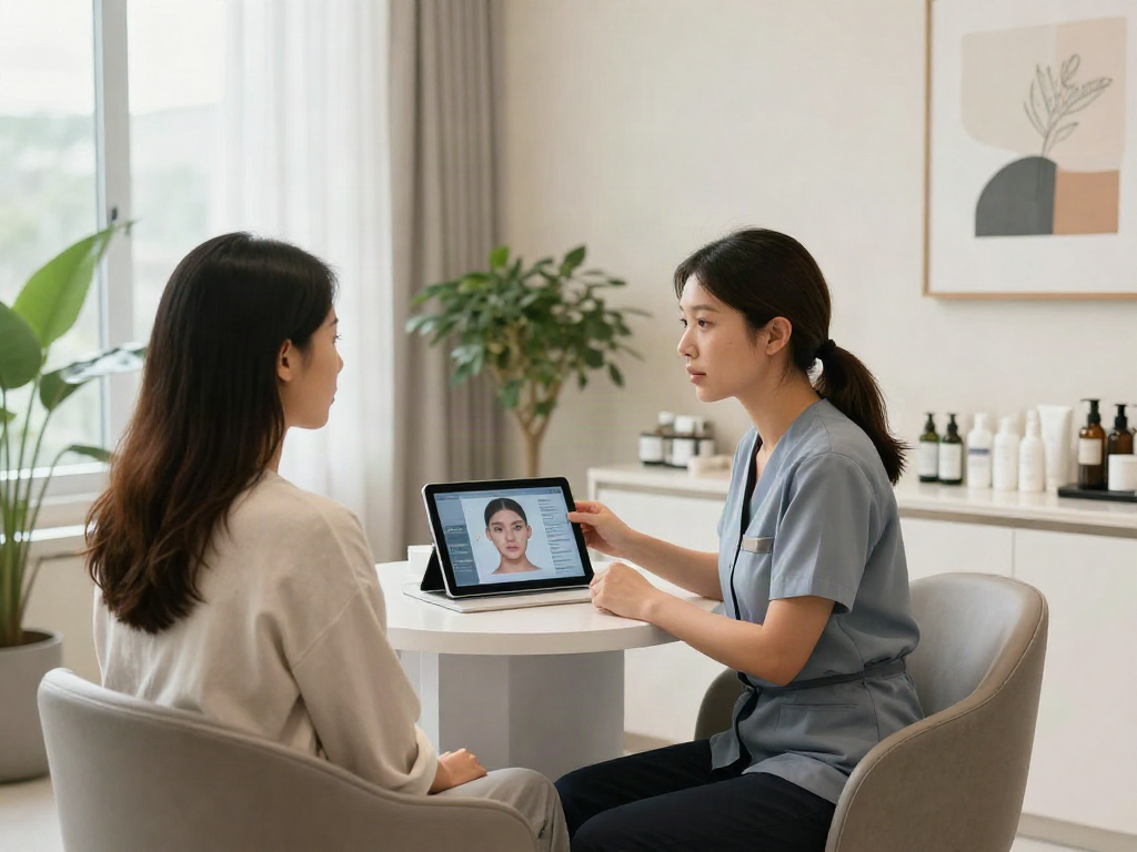ClinicEvo vs QOVES consultation showcasing facial analysis in a modern, inviting clinic.