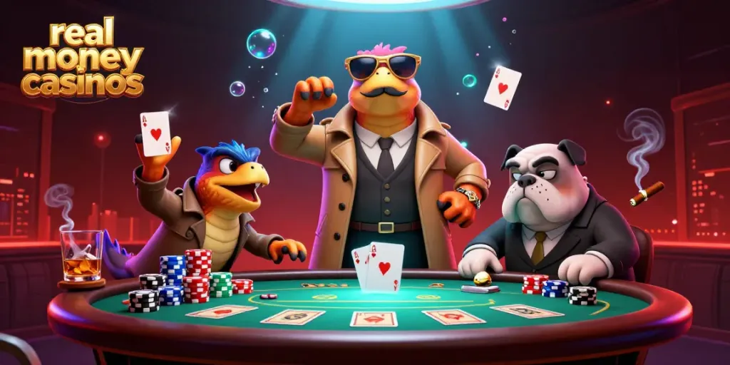 Cartoon raptors in disguise entering a VIP lounge at real money casinos.