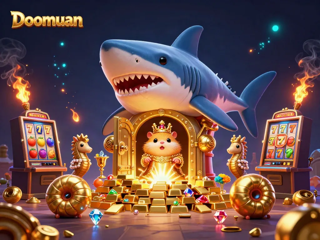 Doomuan captivates with a lavish 3D scene featuring a hamster king on a shark throne amid slot machines and treasure.