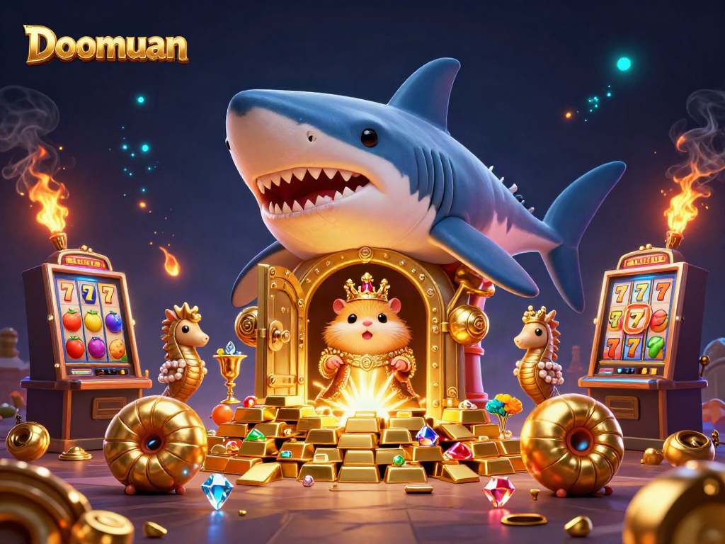 Doomuan captivates with a lavish 3D scene featuring a hamster king on a shark throne amid slot machines and treasure.